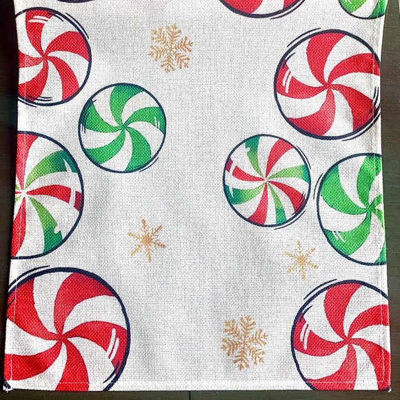 Whimsical Christmas Red Green Peppermint Candy Gold Snowflakes 72" Table Runner - Picture 4 of 4